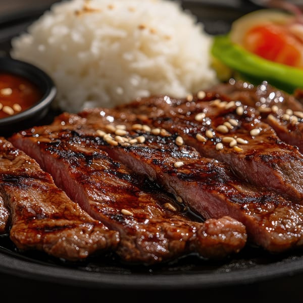 Close-up of sliced grilled steak with sesame seeds, white rice, and a side of sauce.