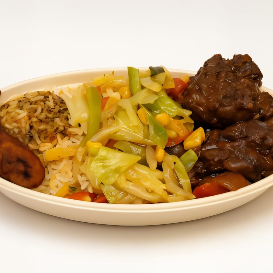 Jahmakin Jerk n Juice oxtail meal with rice, plantains, and mixed vegetables.