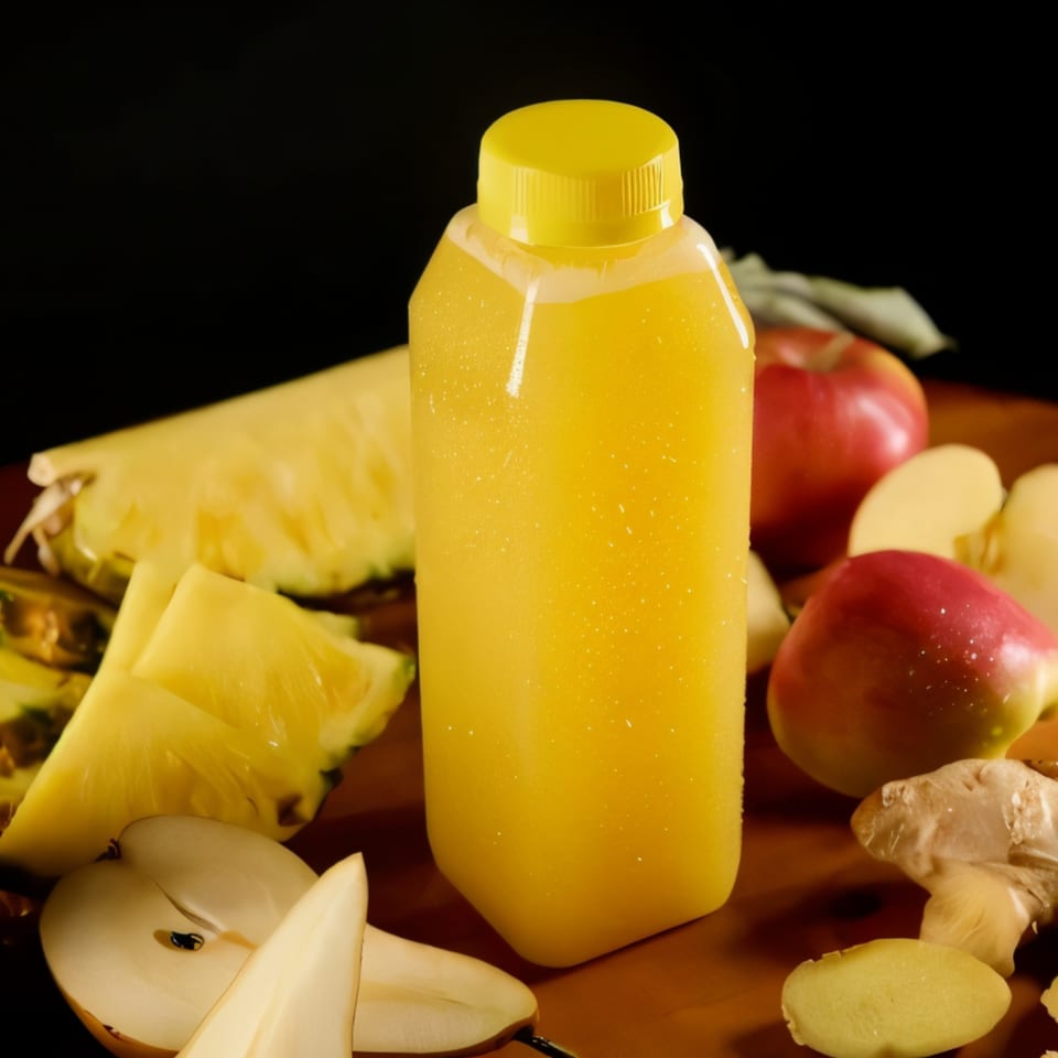 A bottle of Jahmakin Jerk n Juice's yellow juice surrounded by pineapple, apples, pears, and ginger.
