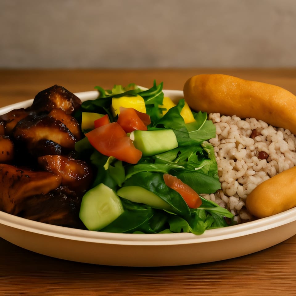 Jahmakin Jerk n Juice jerk chicken, rice, salad, and fried dumplings in a takeout container.
