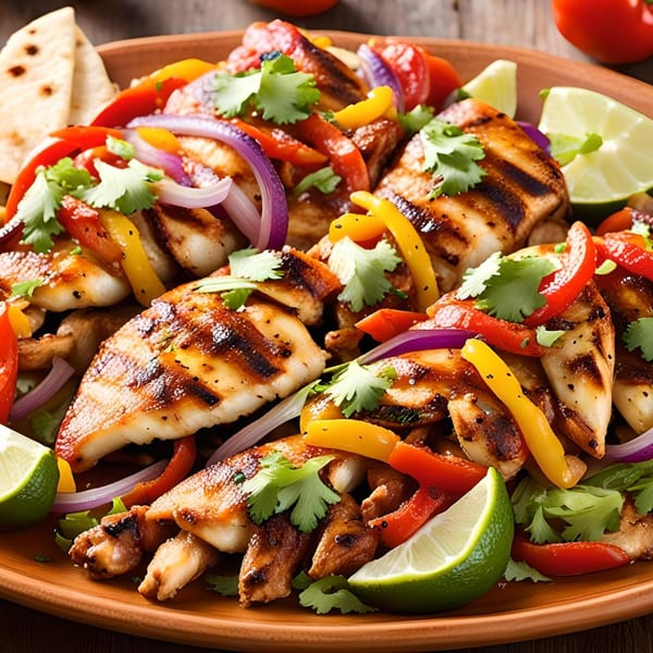 Jahmakin Jerk n Juice's grilled jerk chicken with bell peppers, red onions, cilantro, and lime wedges.