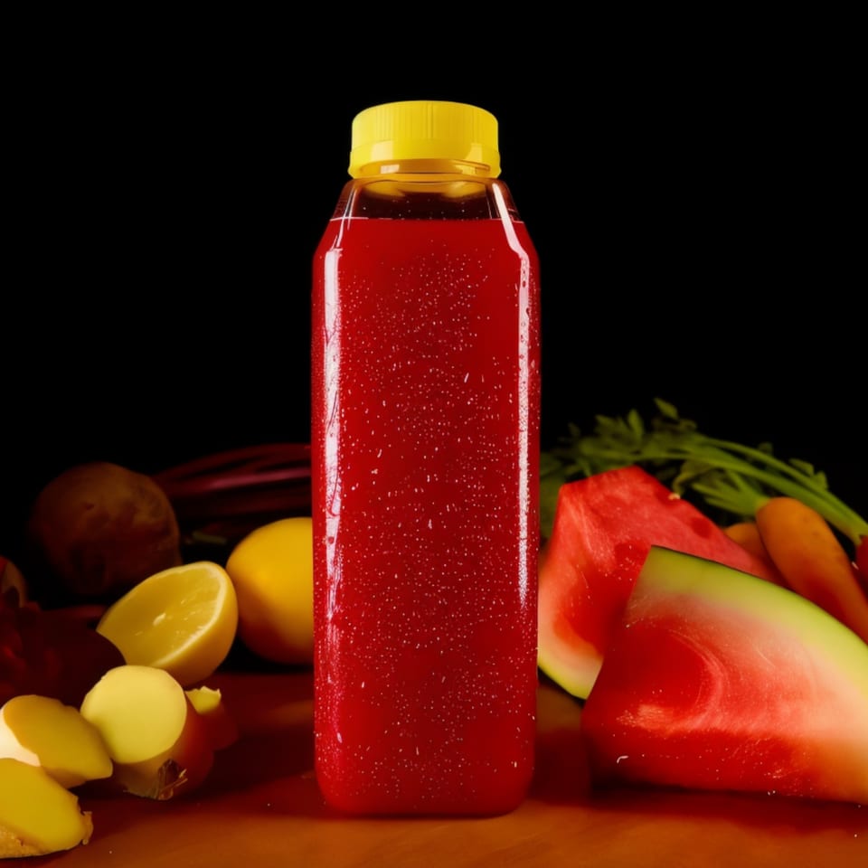 A bottle of red juice with a yellow cap, surrounded by fresh watermelon, lemons, and ginger.