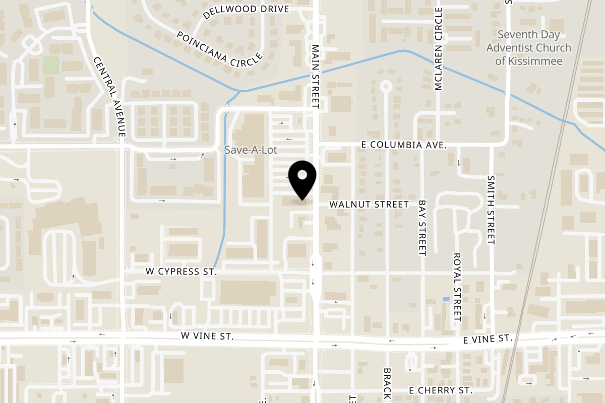 Map showing the location of Jahmakin Jerk n Juice on 1700 N Main St Suite D in Kissimmee
